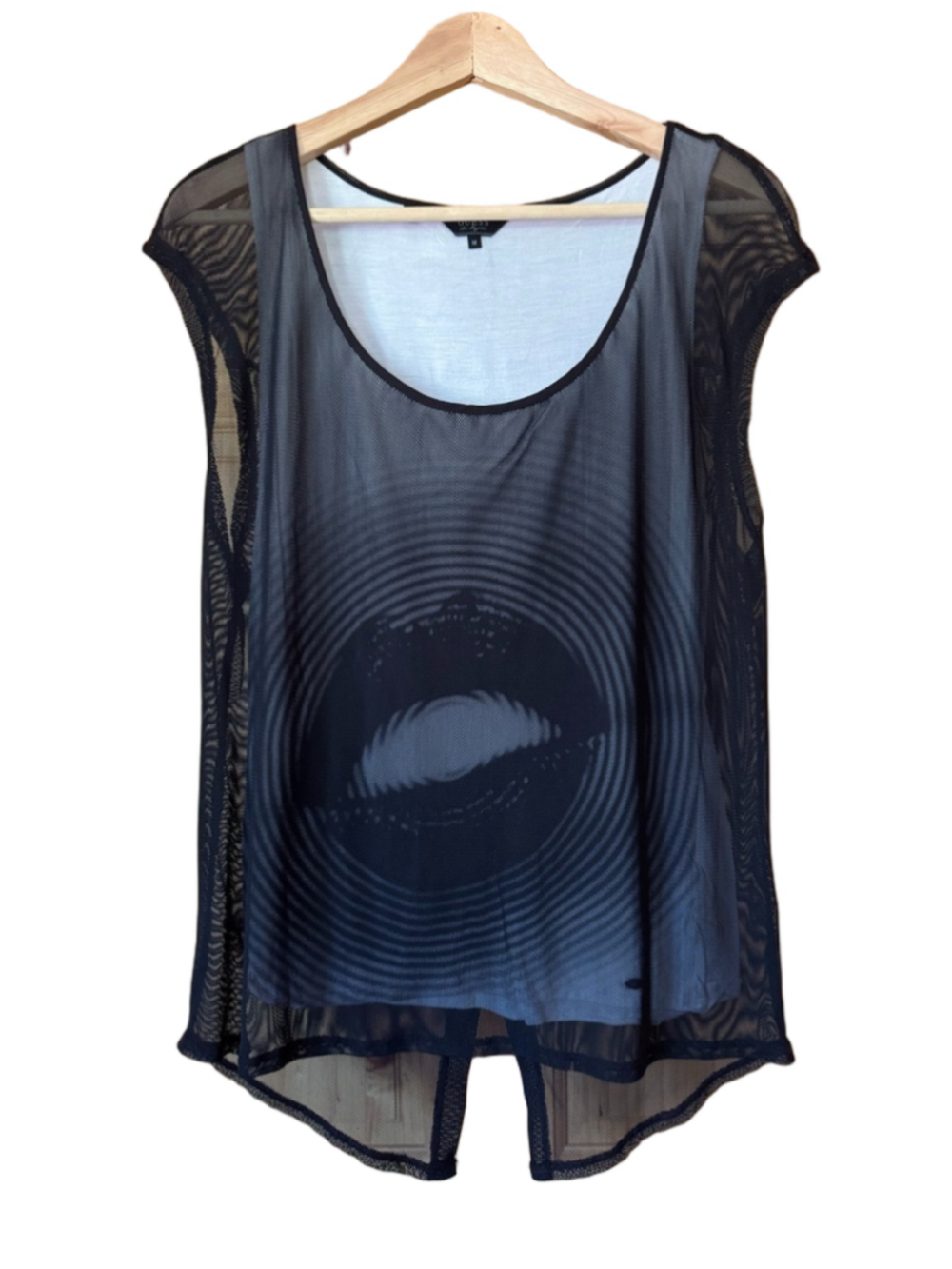 Guess sheer mesh overlay spiral optical illusion lip graphic split back top